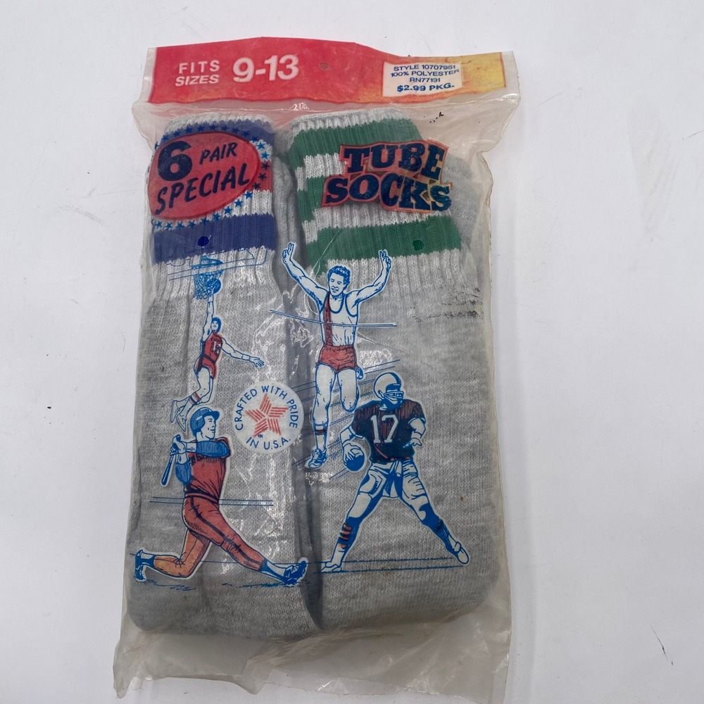 USA Vintage Tube Socks 6 Pair Pack Men 9-13 Gray Striped Retro 70s 80s Deadstock